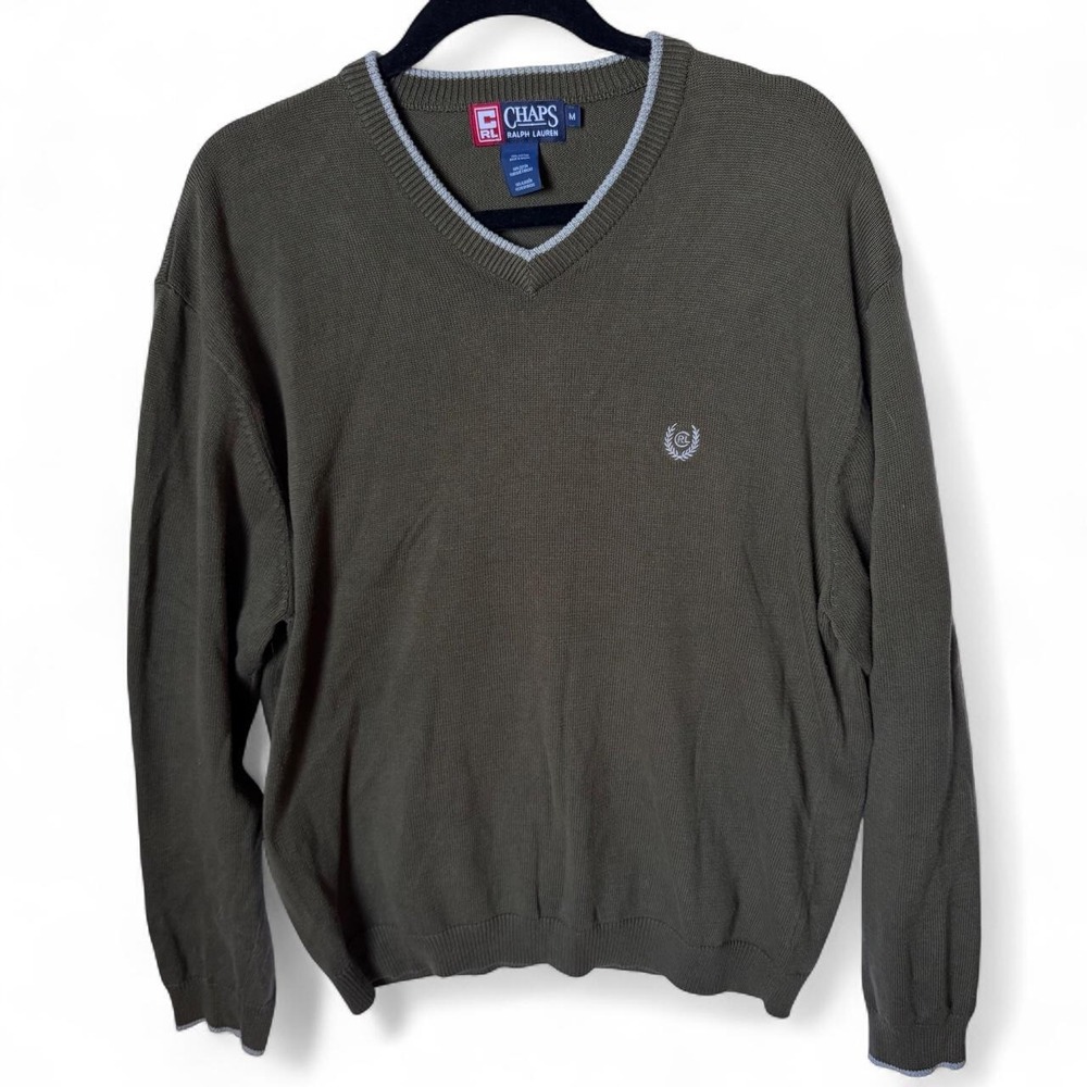 Chaps Ralph Lauren olive green cotton sweater v neck size Medium preppy